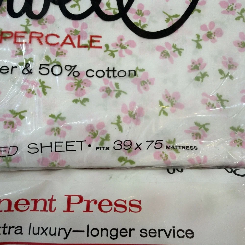 VTG Pink Floral Sleepwell Twin NOS Fitted & Flat Sheet Set USA No Iron Percale